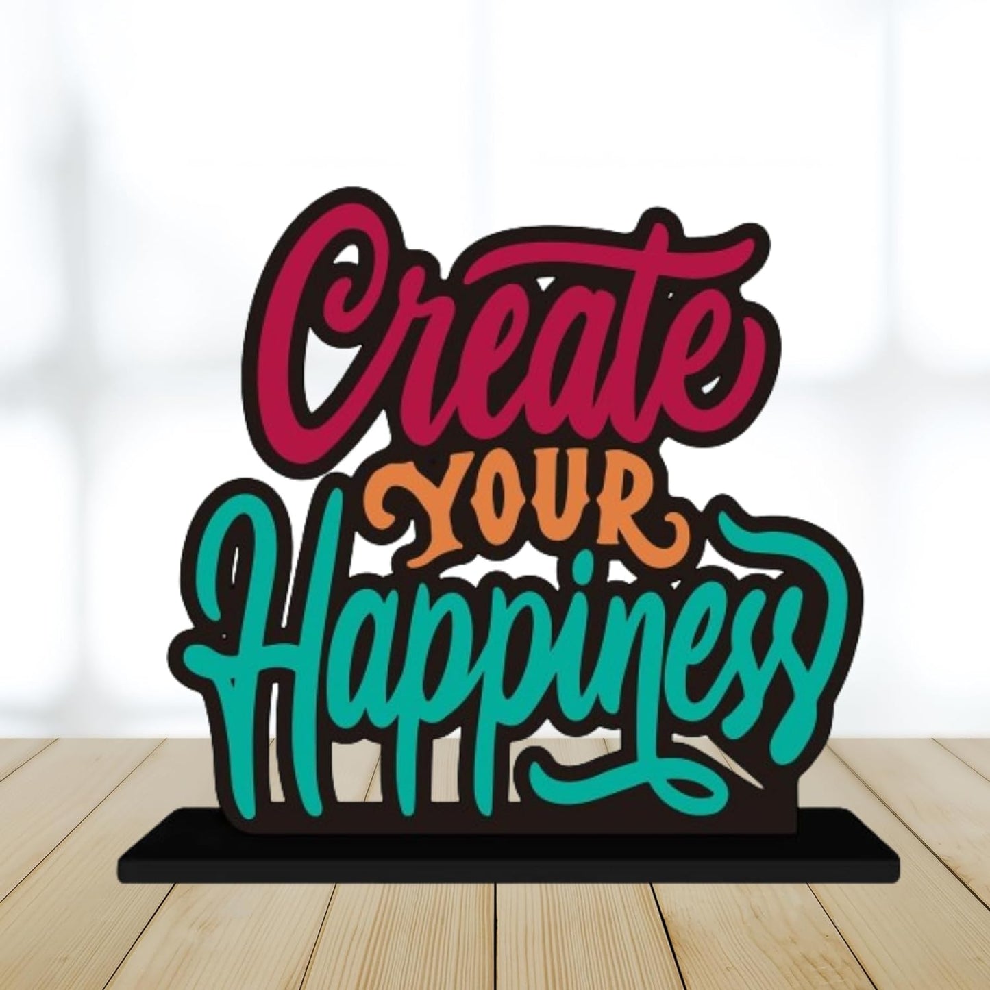 JaipurCrafts Wooden Create Your Happiness Motivational Quotes Table Decoration for Office Desk | Home Decor Item | Living Room | Modern Art Wood Showpiece Gift Items