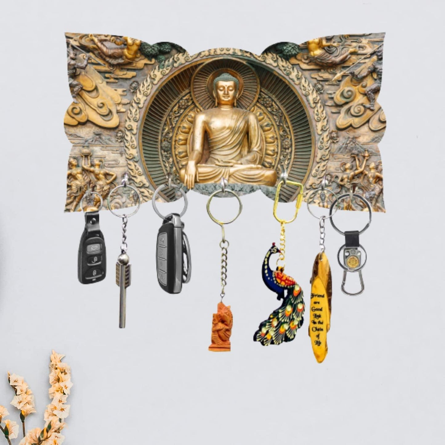 Webelkart Premium Printed Sitting " Gautam Buddha" Wooden Key Holder for Home and Office Decor| Keychain Holder for Home (9 Inches , 7 Hooks)
