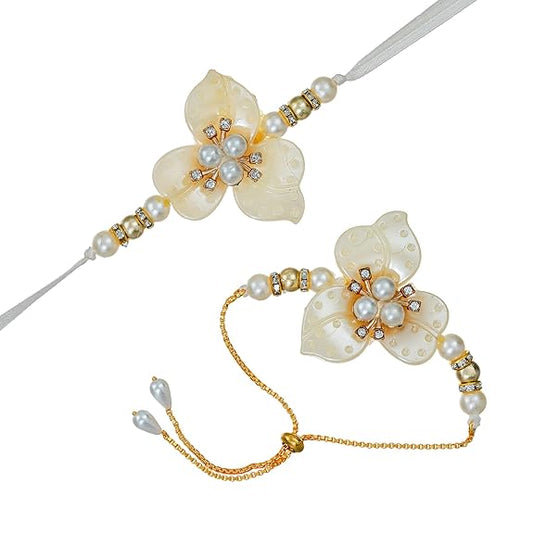 Webelkart Antique Flower Designer Set Of 2 Beads Rakhi For Brother And Bhabhi with Magnet And Roli Chawal Pack Gift For Bhaiya Bhabhi,Couple Rakhi Set