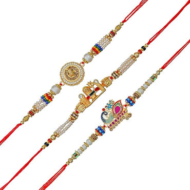 Webelkart Designer 3 Rakhi Set For Bhaiya And Bhabhi With Free Wooden Raksha Bandhan Magnet Gift For Brother And Sister .Couple Combo Set With Greeting Card And Roli Chawal Pack