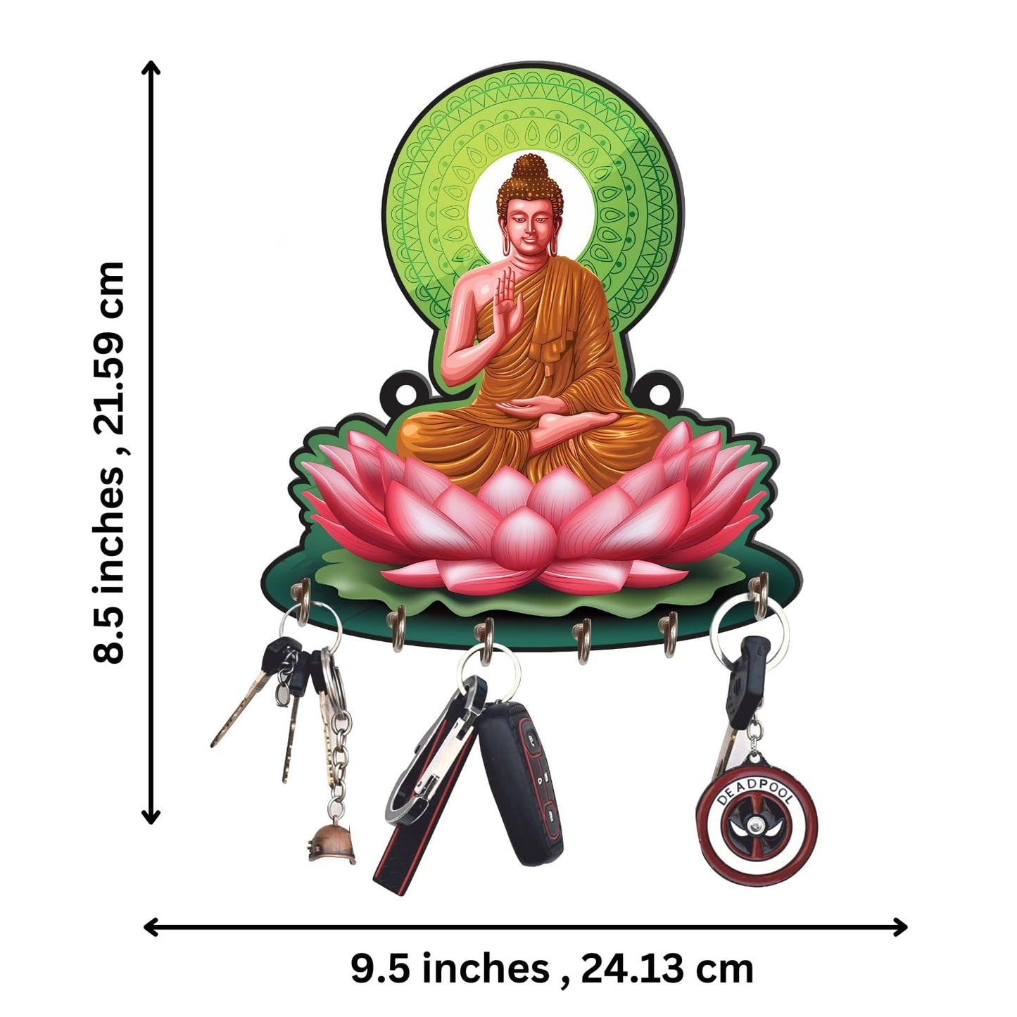 JaipurCrafts Premium Sitting Medidating Gautam Buddha Printed Wooden key holder for home and Office Decor (Multi, 9.5 inches)