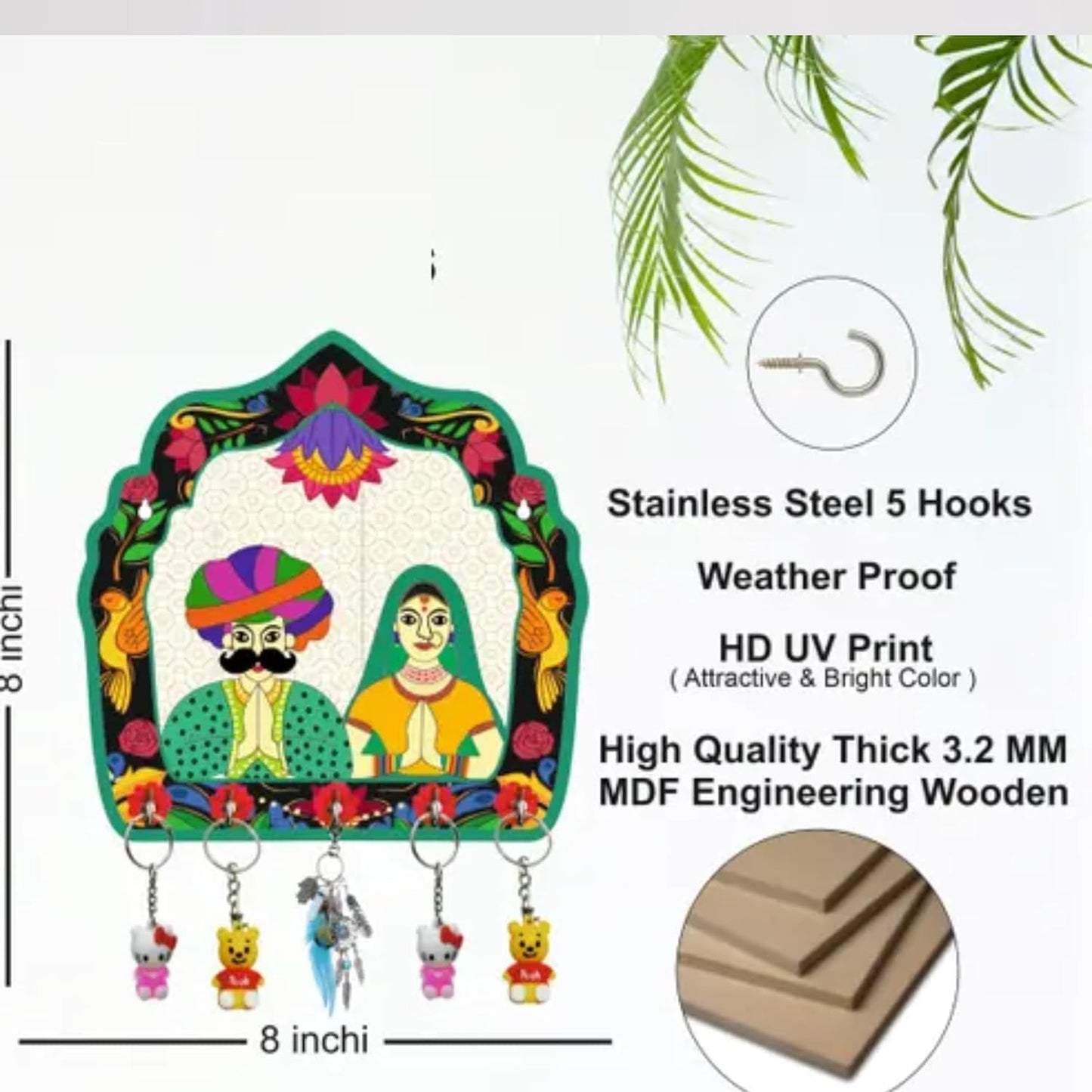 JaipurCrafts Premium Welcome Lady Rajasthani Wooden Key Holder for Home and Office Decor, Key Chain Holder for Home and Living Room (8 inches, Green)