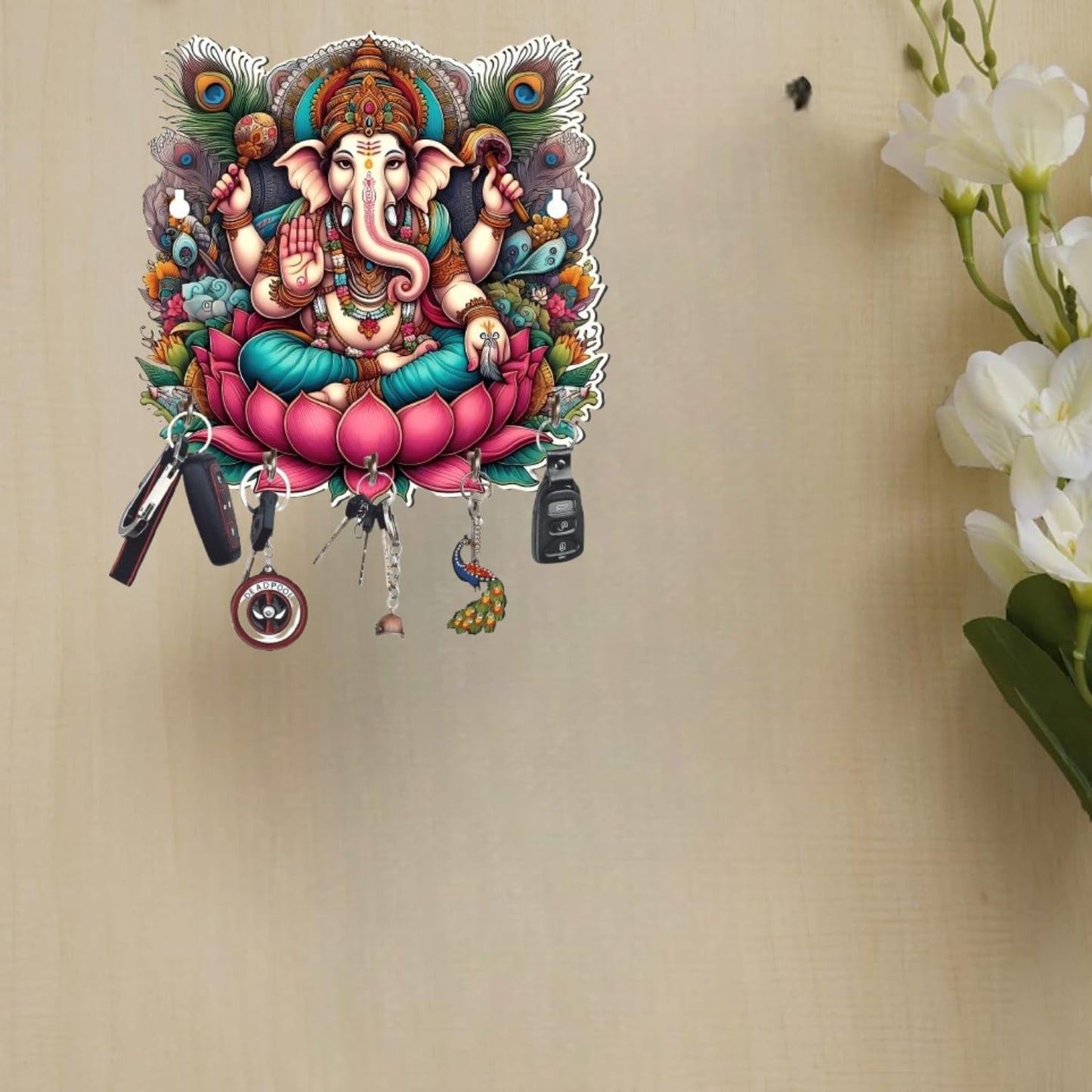 Webelkart Antique Wooden Ganesha Key Holder for Home and Office Decor -Cute Ganesha Printed Key Holder for Home Decoration,Gift Item for Home, Key Hanger for Wall(10" Inches)