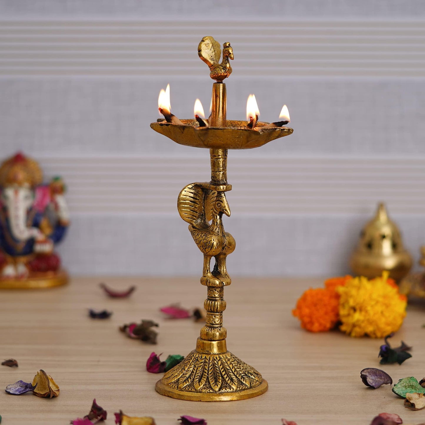JaipurCrafts Premium Peacock Indian Traditional Metal Table Deepak Samay Diya Oil Diwali Puja Lamp, Golden- 10 Inches