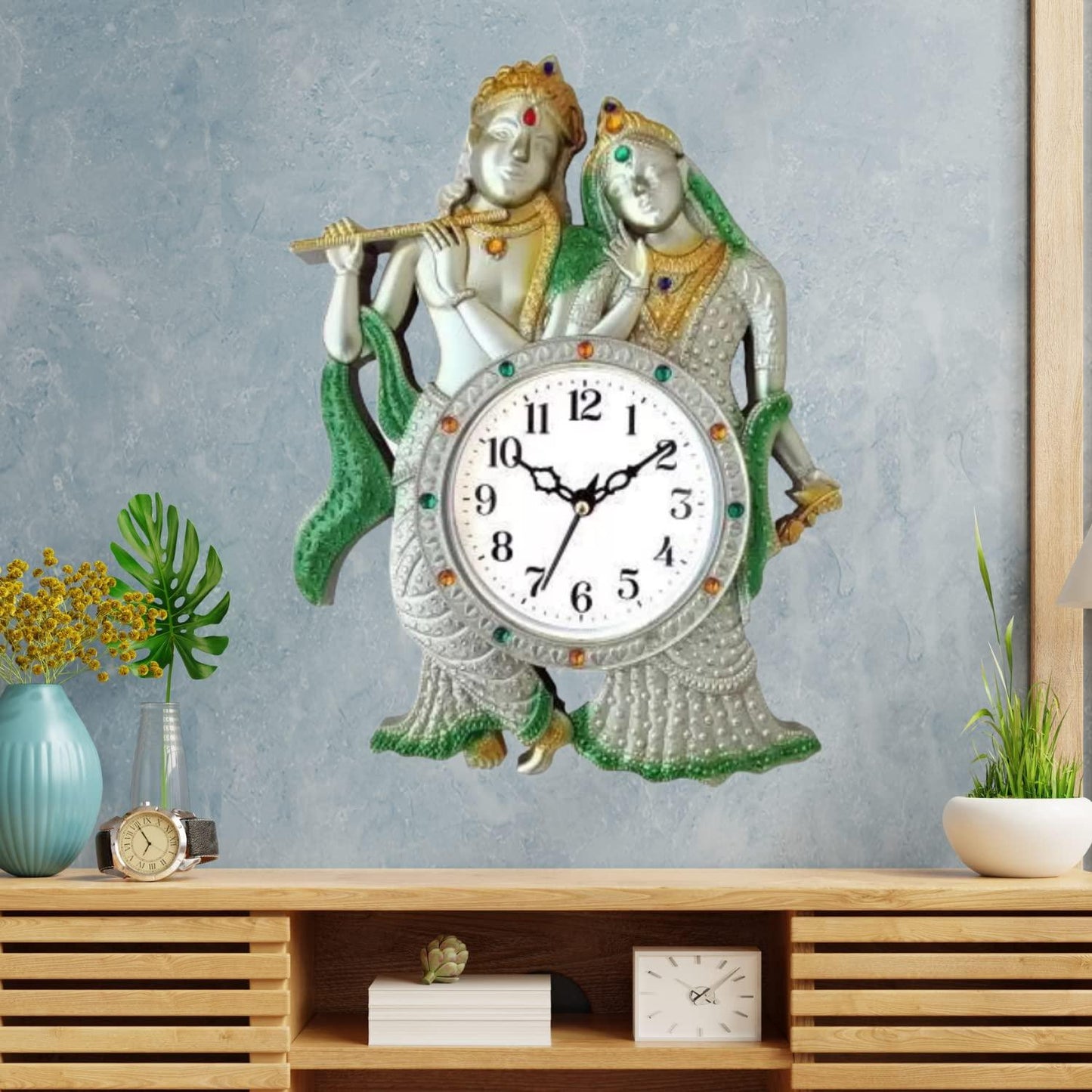 Webelkart Premium Radhe Krishna Playing Flute Unique Style Plastic Analog Wall Clock for Home and Office Decor| Wall Clock for Living Room( 13 in, Green)