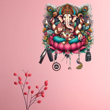 Webelkart Antique Wooden Ganesha Key Holder for Home and Office Decor -Cute Ganesha Printed Key Holder for Home Decoration,Gift Item for Home, Key Hanger for Wall(10" Inches)