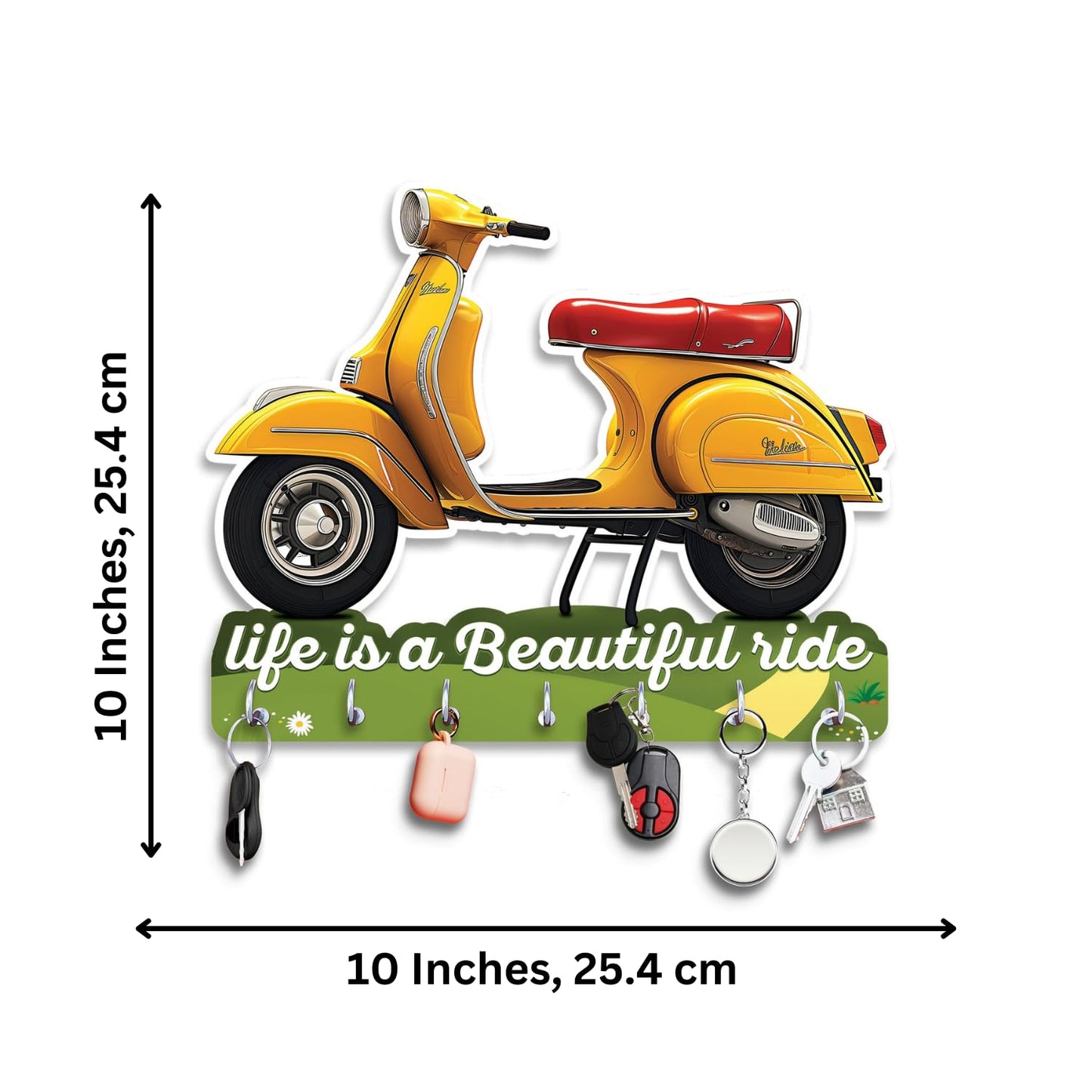 JaipurCrafts Premium Scooter Shape and Life Is A Journey Wooden Printed Key Holder for home and office decor- home decor items for wall (Multi, 10 x 10 inches)