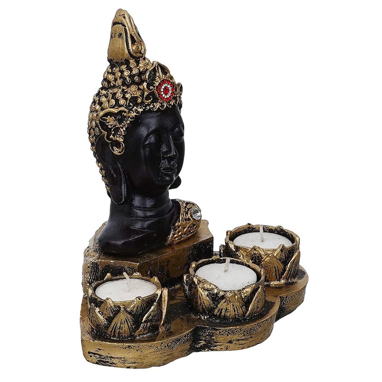 Webelkart Polyresin Buddha Tealight Candle Holder with Free 3 Tealights Candles| tealight Candle Holder for Home and Office Decor Gifts Items Pooja Room( Gold, 7Inch)