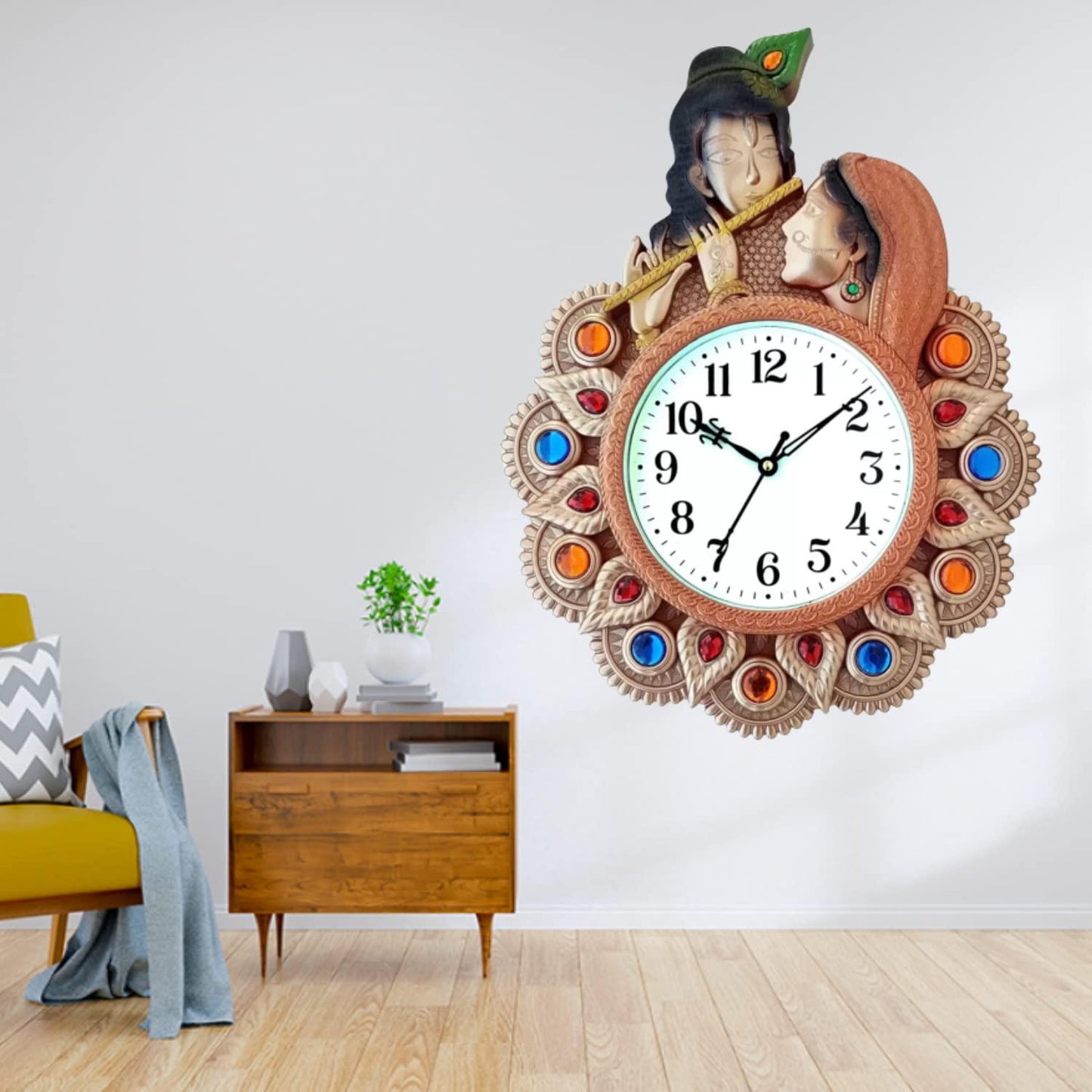 Webelkart Premium Radhe Krishna Playing Flute Unique Style Plastic Analog Wall Clock for Home and Office Decor| Wall Clock for Living Room( 17 in, Pista)