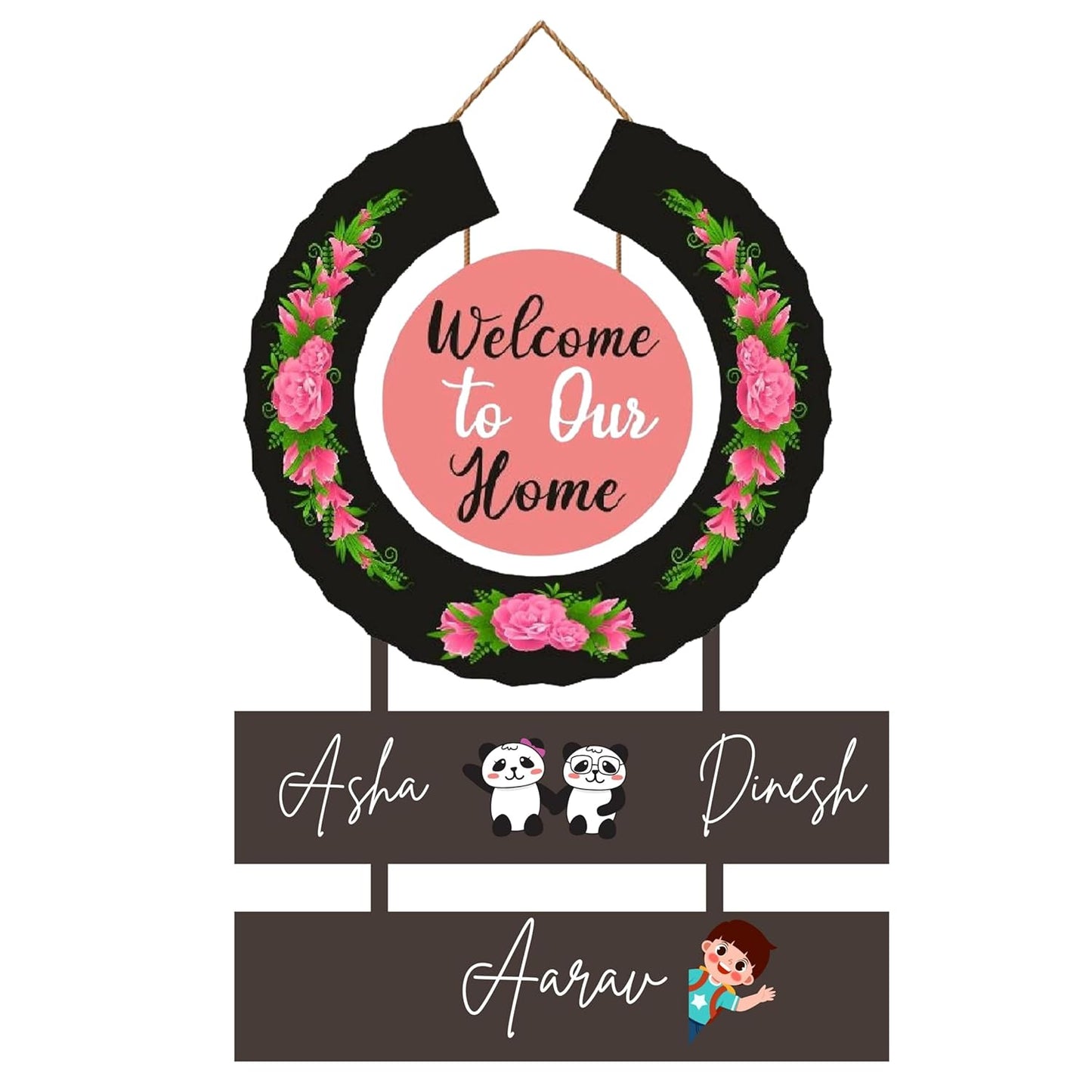 Webelkart Wooden Round Welcome To Our Home Customised Wall Hanging Name Plate For Home Entrance outdoor, Wooden Hanging House Name Plate - (16 x 10 Inches)