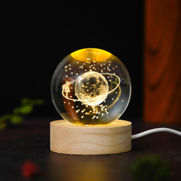 Webelkart Antique Big Moon Fairy 3D Crystal Ball Night Light with Wooden Base,Night Light with USB,LED Lamp 3D Crystal Moon Lamp with Warm White Dimmable LED Diwali Decor Item(3" Inches)