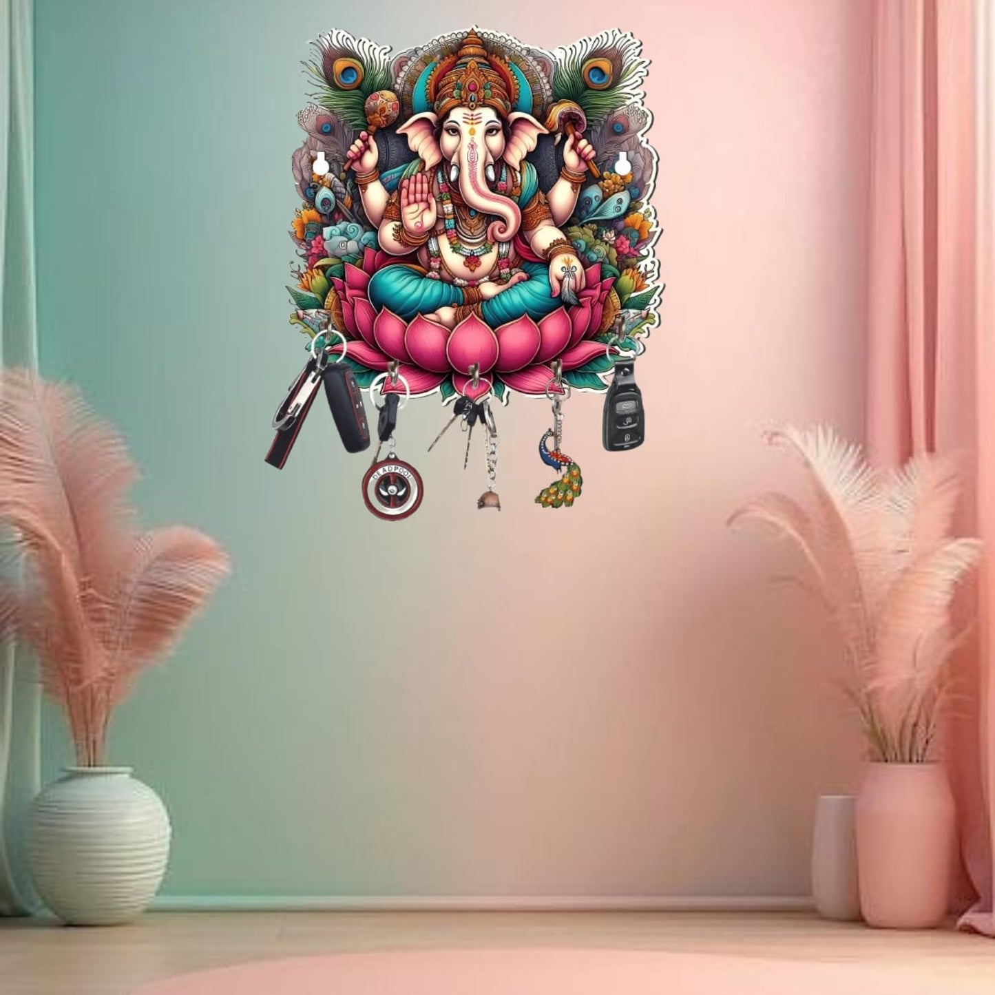 Webelkart Antique Wooden Ganesha Key Holder for Home and Office Decor -Cute Ganesha Printed Key Holder for Home Decoration,Gift Item for Home, Key Hanger for Wall(10" Inches)