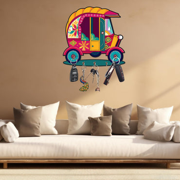 Webelkart Antique Auto Shape Rajasthani Print Wooden Key Holder for Home/Office Decor-Keychain Holder for Wall Decor, Key Holder for Home Decor,Home Decorative Item (10" Inches)