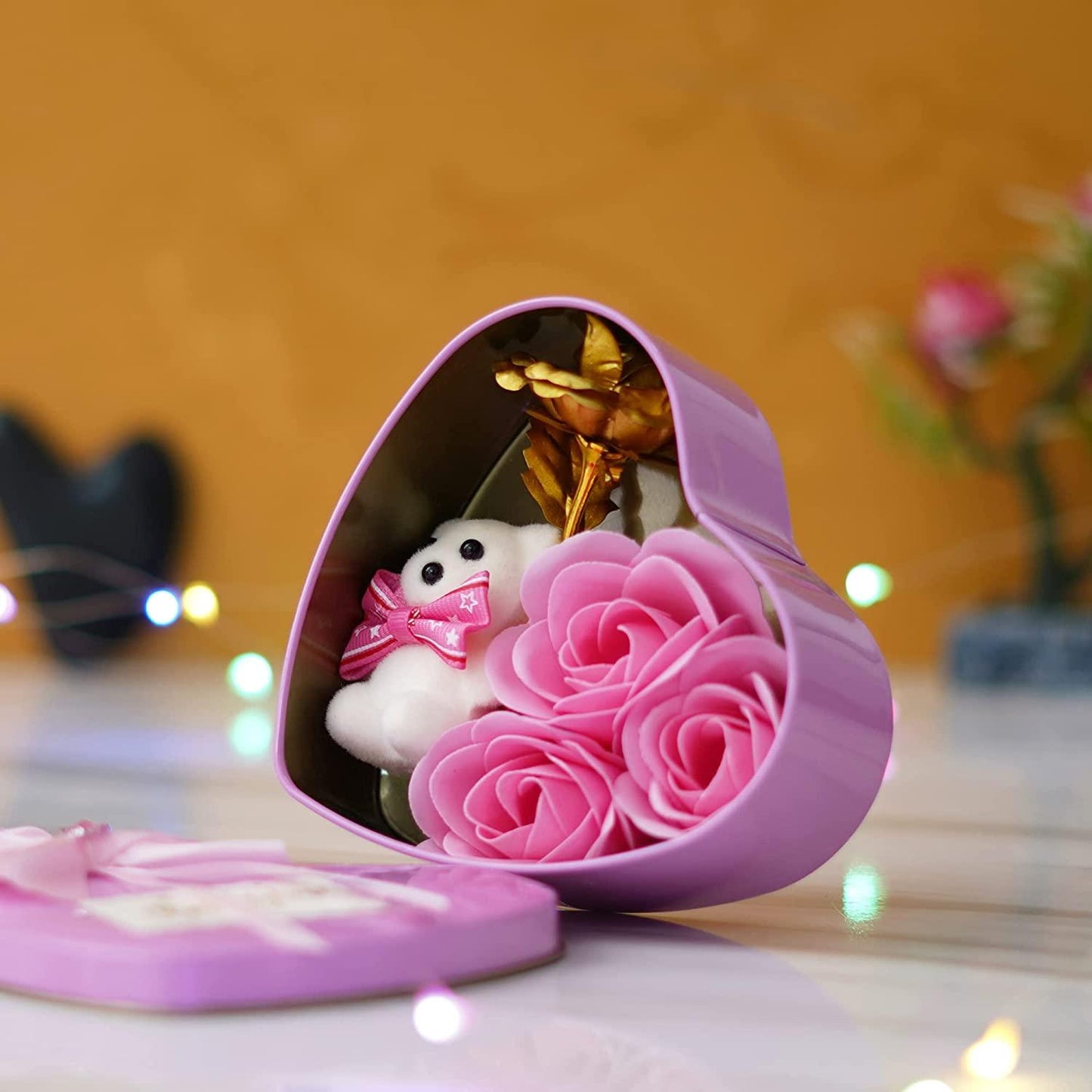 Webelkart® Premium Valentine Heart Shape Box with 3 Pink Roses, 1 Teddy and 1 Artificial Gold Rose and Heart Shape Box with 3 Pink Roses, 1 Teddy and 1 Artificial Gold Rose