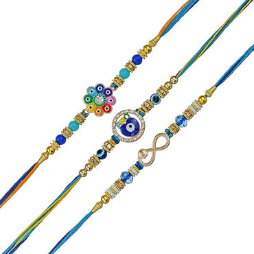 Webelkart Antique Evil Eye Designer Set of 3 Rakhi for Brother Bhabhi with Gift -Set of 4 Miniature Buddha Monk Figurines Showpiece For Car dashboard ,Rakhi Gift for Bhaiya and Bhabhi With Chawal And Greeting Card