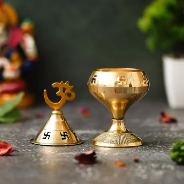 Webelkart Premium Brass swastik and om akhand Diya with Cap for Diwali Decor |Oil Puja Lamp for Aarti Diya|Deepak Oil Lamp for Home Decor Temple Pooja Articles( Brass 4.72" Inhes ) Diwali Decor Item