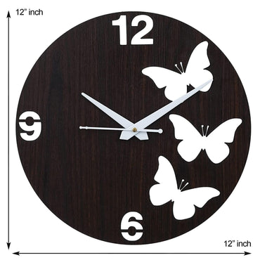 Webelkart Premium Butterflies Wooden Wall Clock for Home and Office Decor| Three Outer Butterflies Wall Clock for Bedroom,Living Room| (12 Inches, Brown)