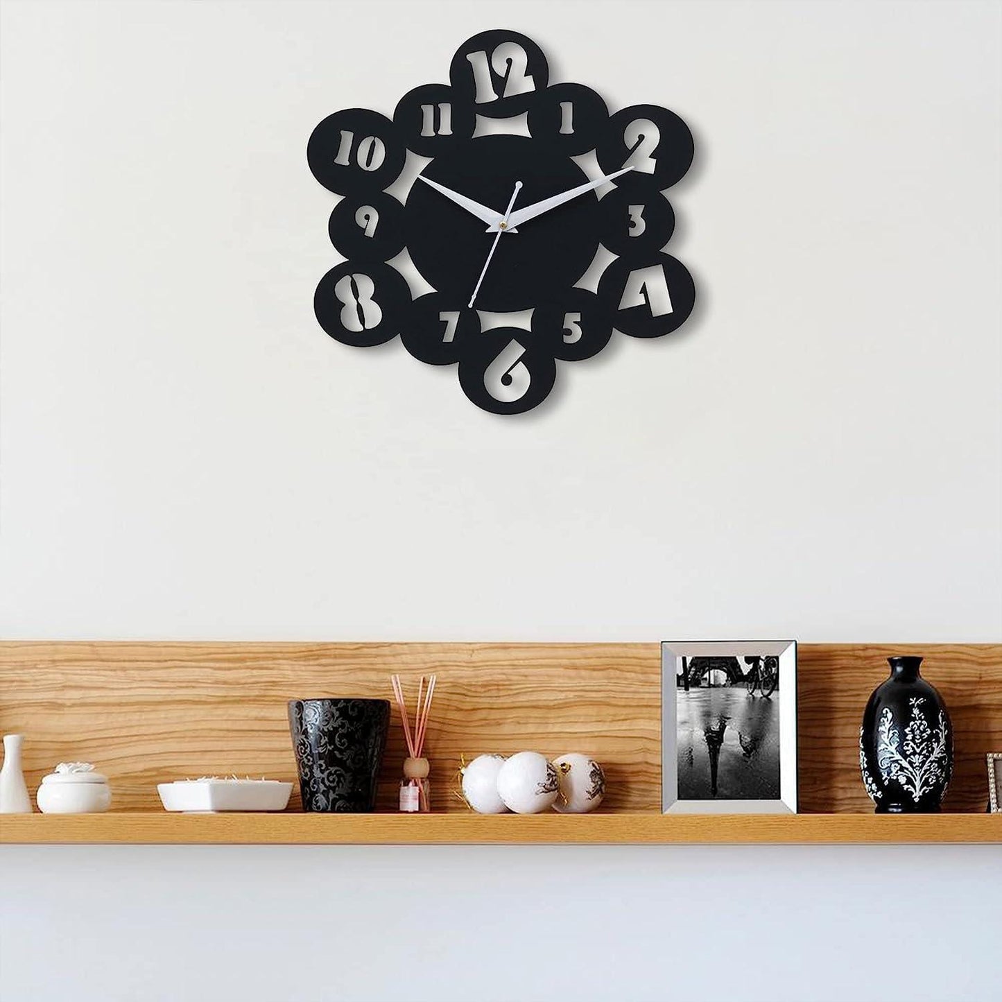 Webelkart Premium Round Abstract Wood Wall Clock for Home and Office Decor (12 Inch x 12 Inch, Black)