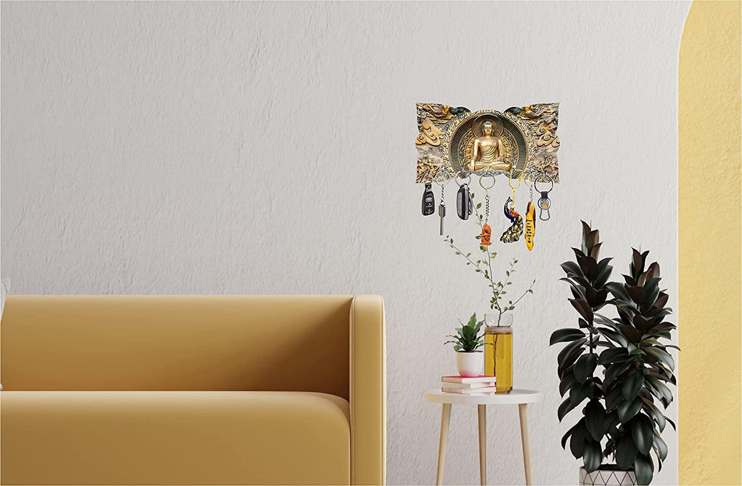 Webelkart Premium Printed Sitting " Gautam Buddha" Wooden Key Holder for Home and Office Decor| Keychain Holder for Home (9 Inches , 7 Hooks)