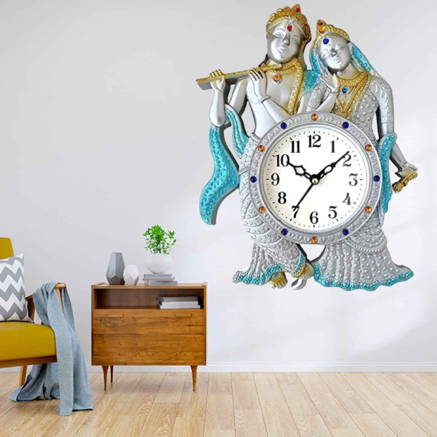 Webelkart Premium Radhe Krishna Playing Flute Unique Style Plastic Analog Wall Clock for Home and Office Decor| Wall Clock for Living Room( 13 in, Silver)