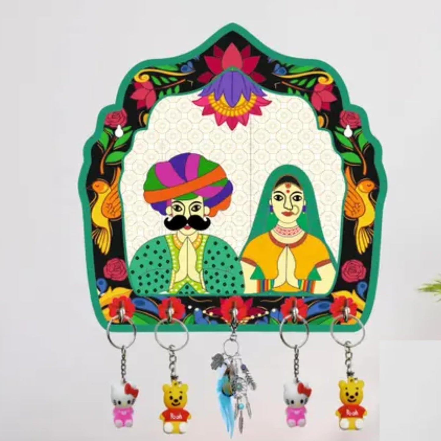 JaipurCrafts Premium Welcome Lady Rajasthani Wooden Key Holder for Home and Office Decor, Key Chain Holder for Home and Living Room (8 inches, Green)