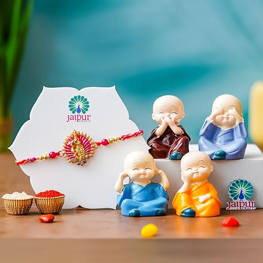 Webelkart Krishna Designer Rakhi for Brother with Gift - Set of 1 Rakhi With Set of 4 Miniature Buddha Monk Figurines Showpiece For Home With Chawal And Greeting Card