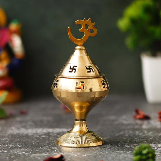 Webelkart Premium Brass swastik and om akhand Diya with Cap for Diwali Decor |Oil Puja Lamp for Aarti Diya|Deepak Oil Lamp for Home Decor Temple Pooja Articles( Brass 4.72" Inhes ) Diwali Decor Item