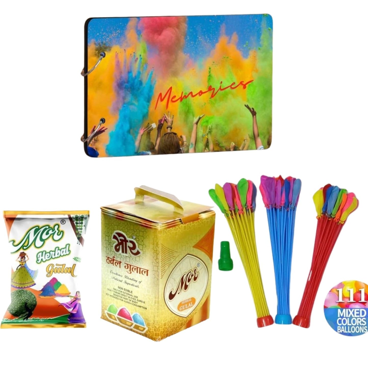 JaipurCrafts 100 Gm Herbal Holi Gulal with 100 Water Balloons and Holi Wooden DIY HD Printed Photo Album Scrapbook Memory Book, Photo Album (Holi Combo Pack)