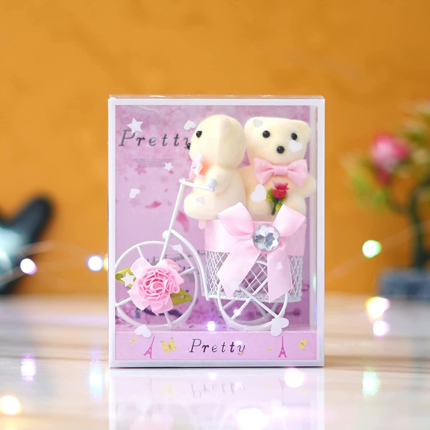 Webelkart® Premium Valentine Heart Shape Box with 3 Pink Roses, 1 Teddy and 1 Artificial Gold Rose and Heart Shape Box with 3 Pink Roses, 1 Teddy and 1 Artificial Gold Rose