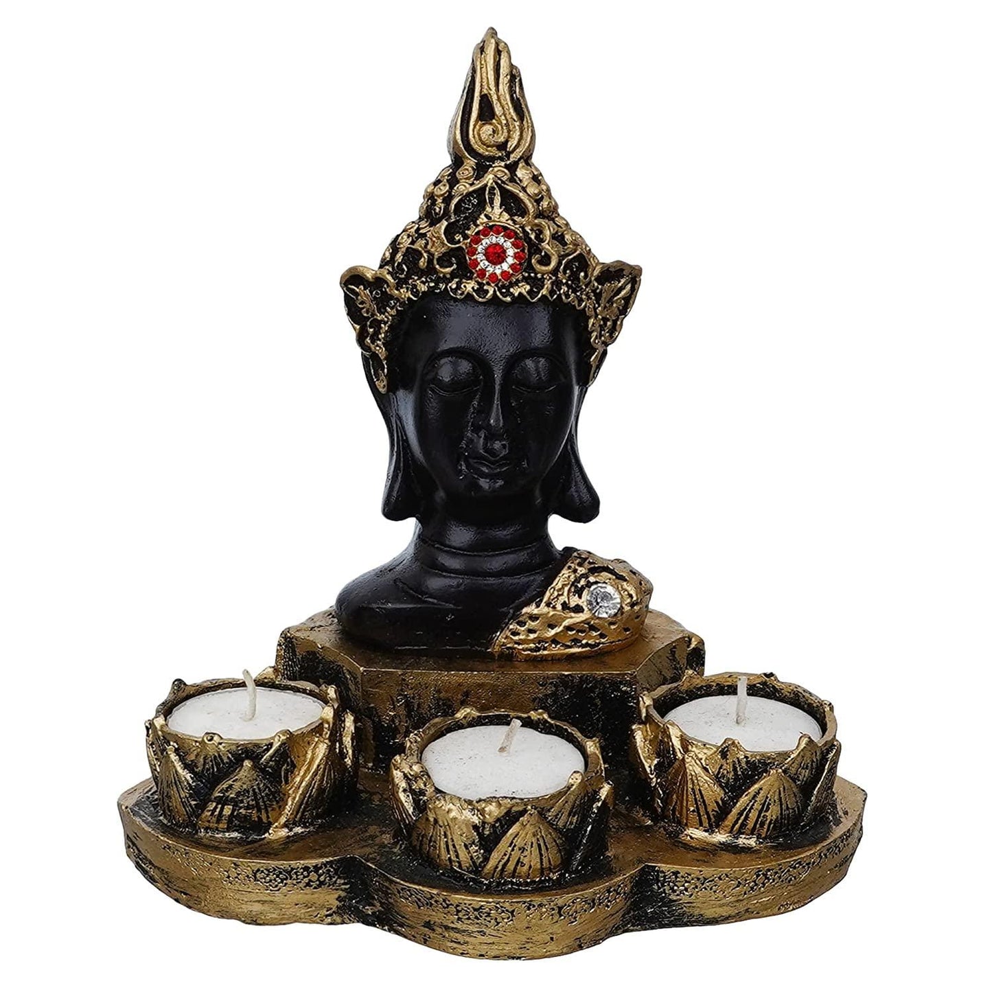 Webelkart Polyresin Buddha Tealight Candle Holder with Free 3 Tealights Candles| tealight Candle Holder for Home and Office Decor Gifts Items Pooja Room( Gold, 7Inch)