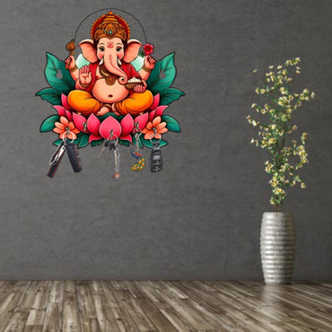 Webelkart Antique Printed Wooden Ganesha Key Holder for Home/Office Decor, Key Hanger for Wall Decor,Key Holder for Home Decor,Key Chain Holder (10" Inches)