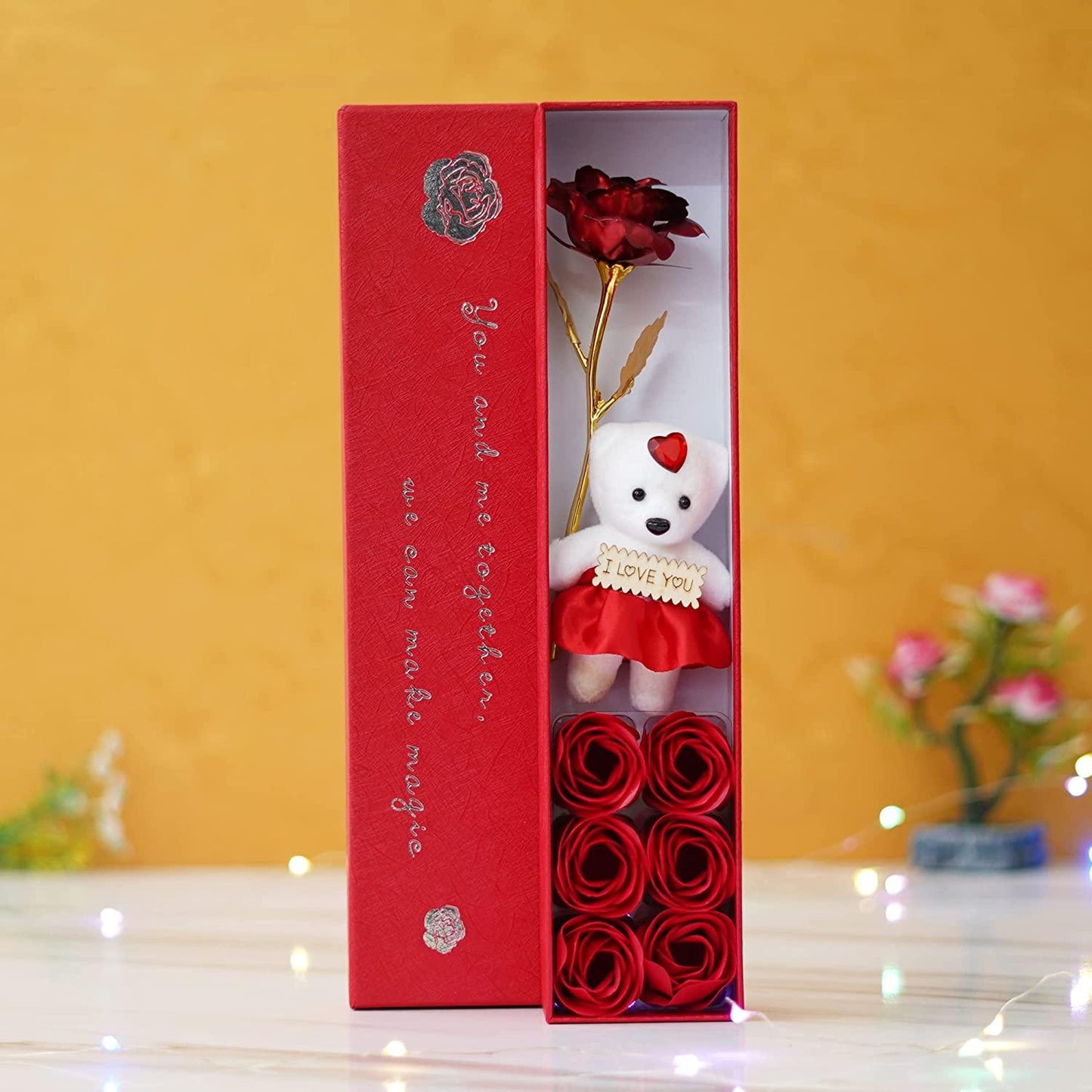 Webelkart®️ Premium Valentine Gift Combo of Rose Box with 24k Red Golden Rose with 1 Love Massage Letter Glass Bottle-Pack of 7