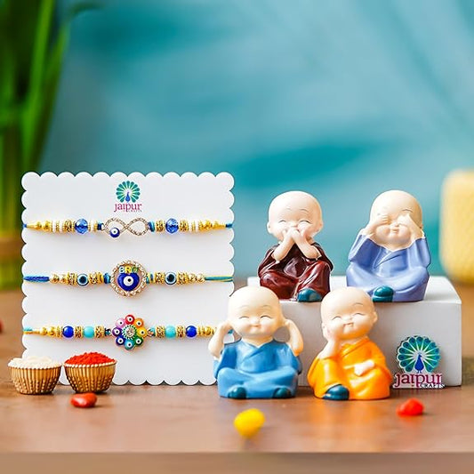 Webelkart Antique Evil Eye Designer Set of 3 Rakhi for Brother Bhabhi with Gift -Set of 4 Miniature Buddha Monk Figurines Showpiece For Car dashboard ,Rakhi Gift for Bhaiya and Bhabhi With Chawal And Greeting Card