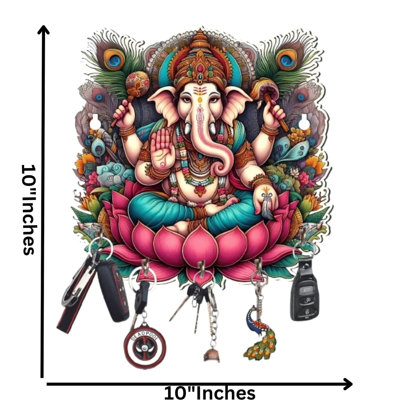 Webelkart Antique Wooden Ganesha Key Holder for Home and Office Decor -Cute Ganesha Printed Key Holder for Home Decoration,Gift Item for Home, Key Hanger for Wall(10" Inches)