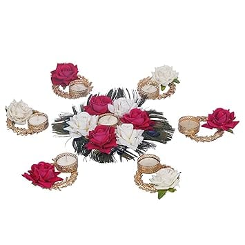 JaipurCrafts Premium Rose Candles Artificial Pack of 7 Tealight Candle Holder for Home Decor Diwali Candles for Decoration| Diwali diyas for Decoration| Diwali Gifting Items (Pack of 7, 8.x 4 Inches)