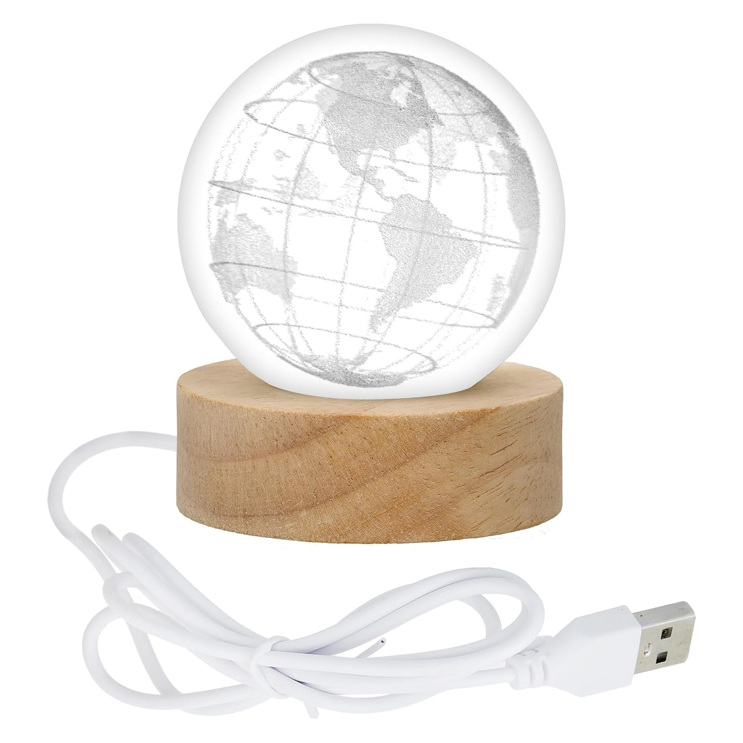 Webelkart Premium 3D Globe Crystal Ball Night Light USB Table LED Lamp Home Decor, Crystal Ball Night Light with Warm White Dimmable LED with Wooden Base,Diwali Decor Item (3" Inches)