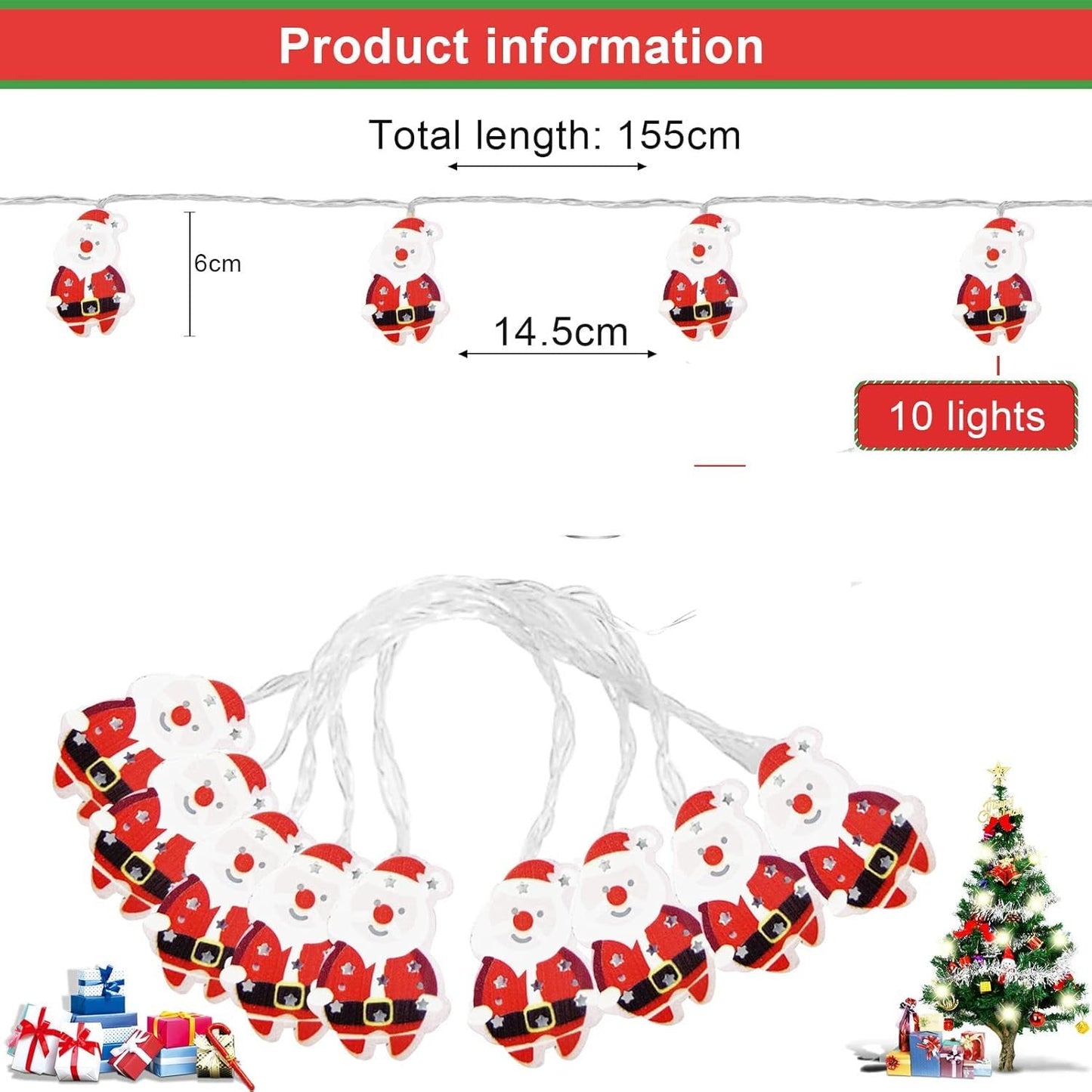 1.5 m 10 santa LED Fairy Lights- Plug in