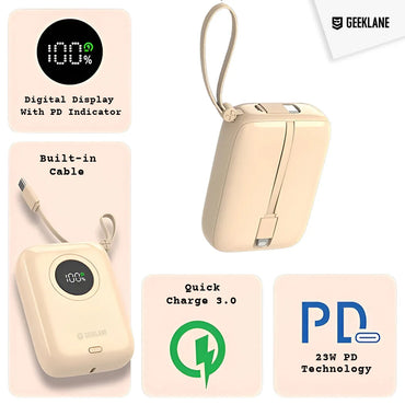 Pebble: 10,000mAh Palm-Sized Power Bank with Built-In Cables, 23W Fast Charging & PD for iPhone & Android