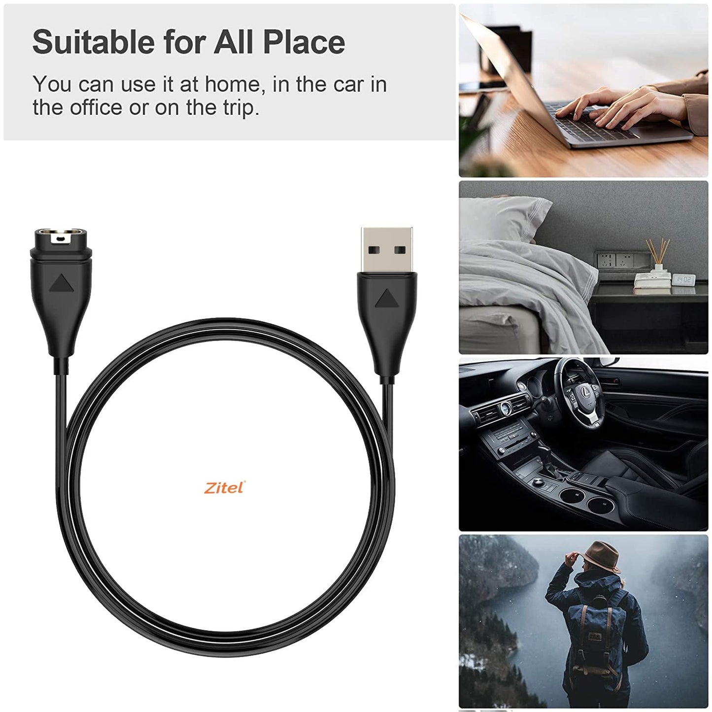 Zitel Charger for Garmin Instinct 2 2S 2X, Instinct 3 - USB Charging Cable with Charger Port Anti Dust Plug - Black