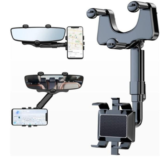 MirrorGrip: 60° Rotating Rearview Mirror Phone Holder with Anti-Shake Cradle & Adjustable Mount for Safe Driving