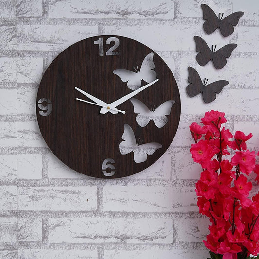 Webelkart Premium Butterflies Wooden Wall Clock for Home and Office Decor| Three Outer Butterflies Wall Clock for Bedroom,Living Room| (12 Inches, Brown)