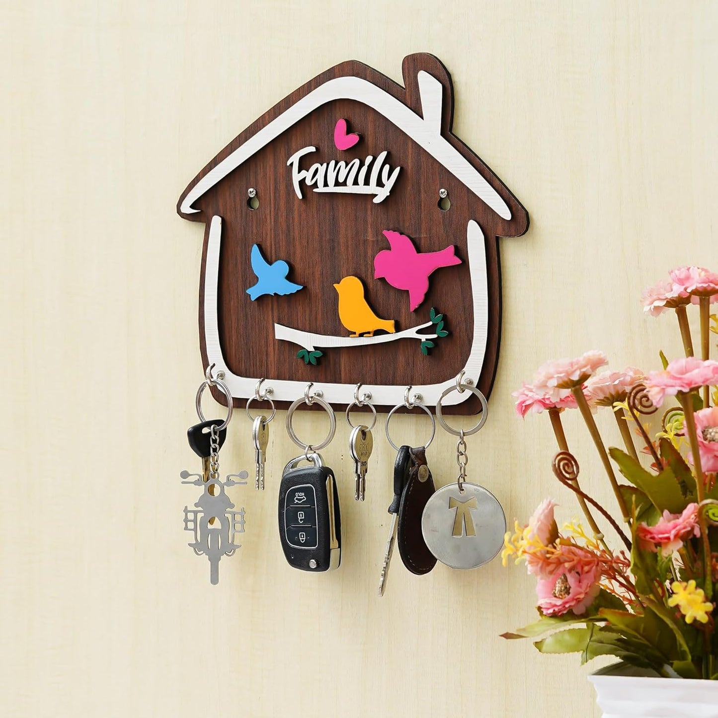 Webelkart Premium Cute Birds Hut Shape Wooden Keys Hanger for Home/Office Decor, Key Holder for Wall Decor/Home Decorative Gift Item (Brown)