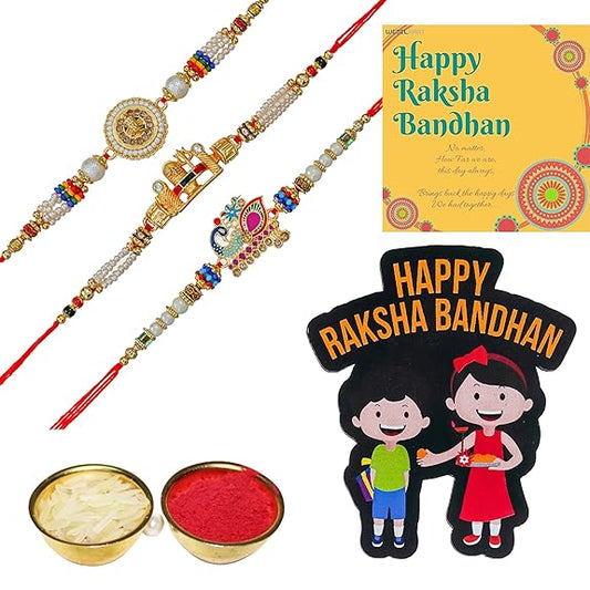 Webelkart Designer 3 Rakhi Set For Bhaiya And Bhabhi With Free Wooden Raksha Bandhan Magnet Gift For Brother And Sister .Couple Combo Set With Greeting Card And Roli Chawal Pack