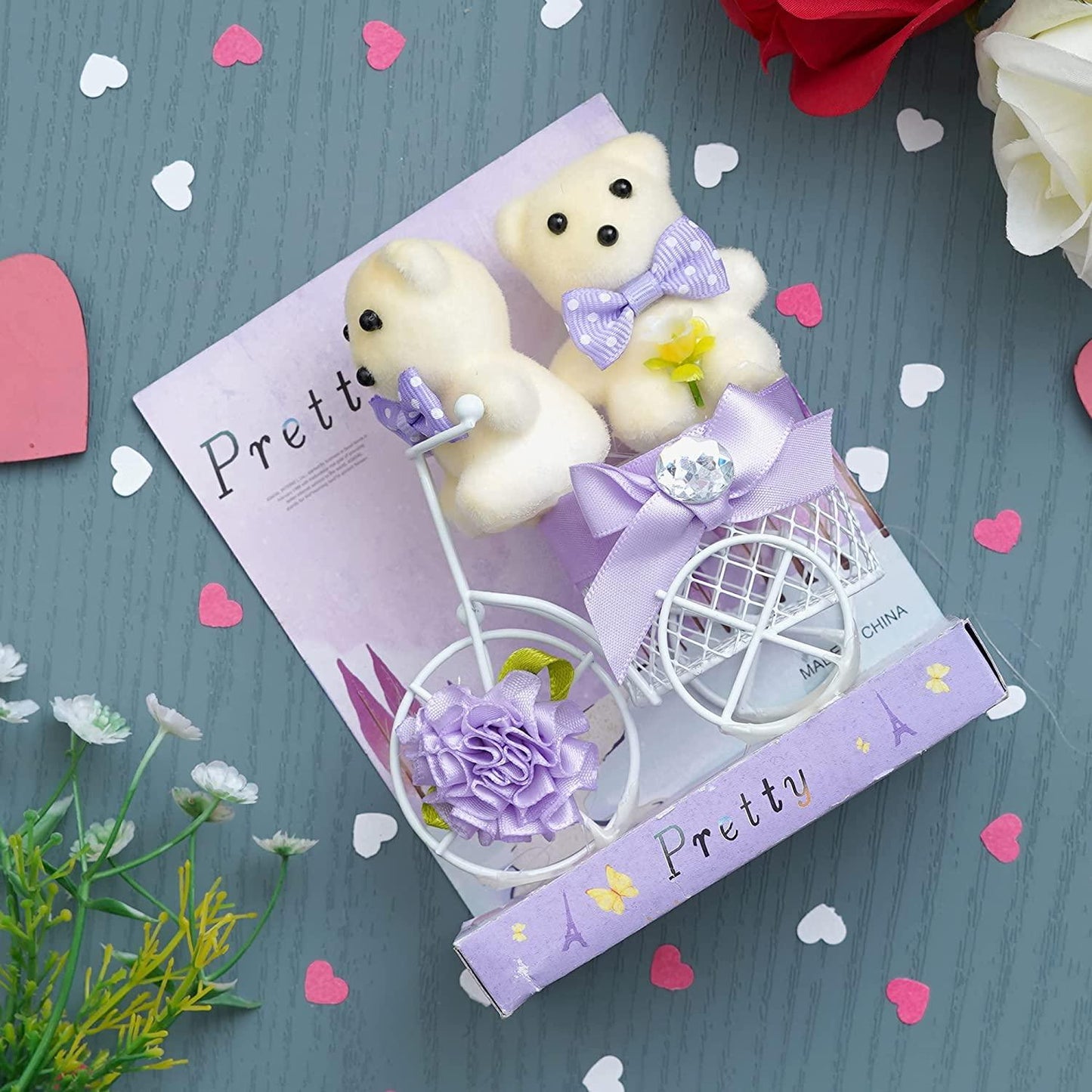 Webelkart® Premium Valentine Heart Shape Box with 3 Pink Roses, 1Teddy and1Artificial Gold Rose and White Plastic Cycle with Teddy Bear and Rose Petals Gift Box (Blue) Valentine's Gift Combo Set