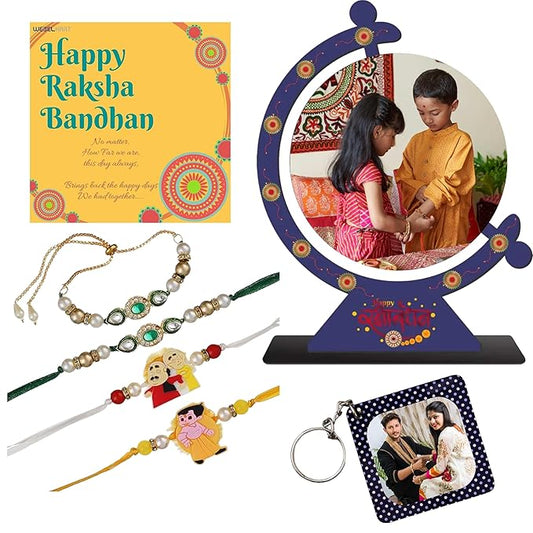 Webelkart 4 Rakhi Combo for Bhaiya and bhabhi with Kids Customised Best Wishes Stand with Image Upload and Customised Keychain with Photo Print and Greeting Cards and Roli Chawal Pack
