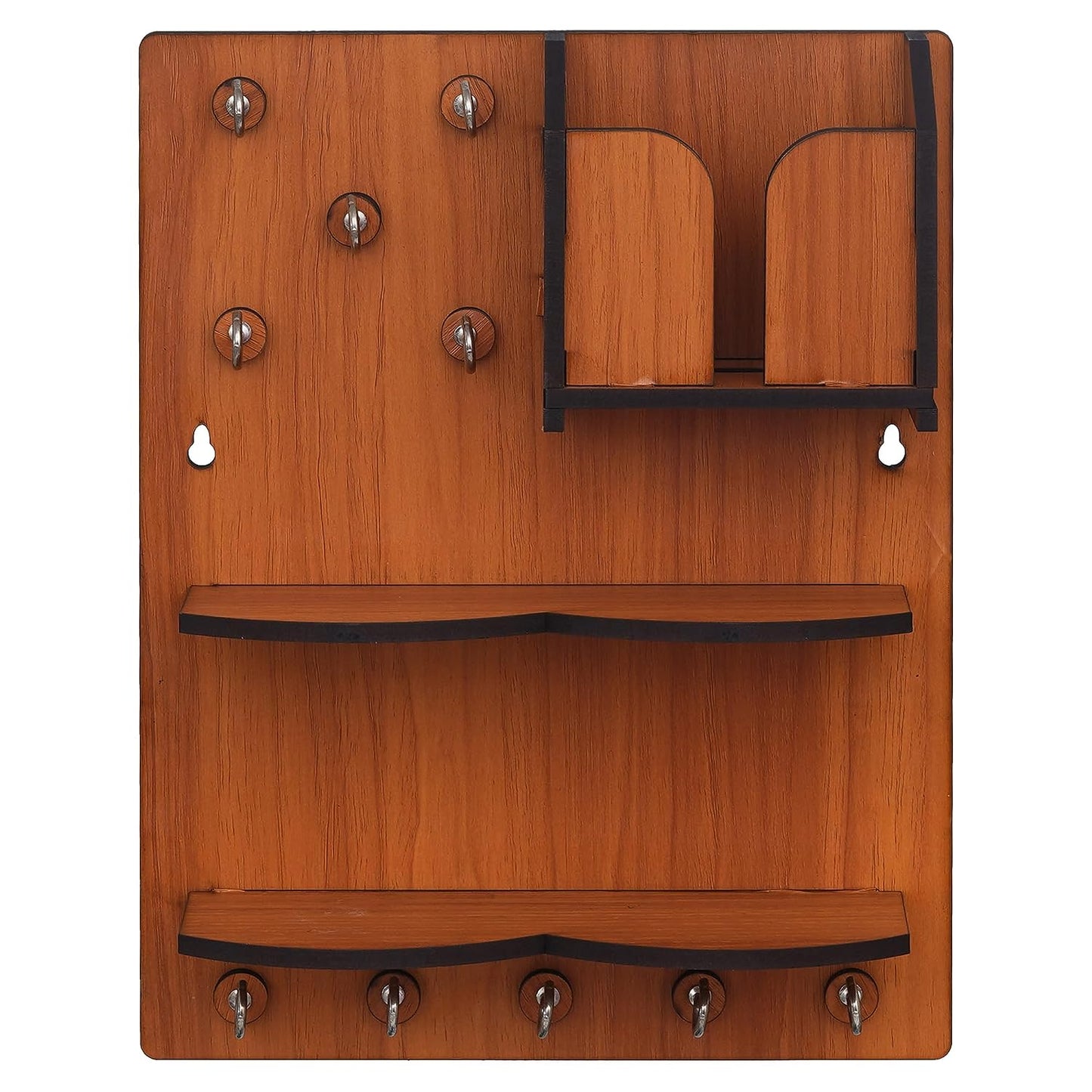 JaipurCrafts Premium Wood Key Chain Hanging Board/Wall Hanging Key Holder with Mobile Charging Stand and Showpiece Stand (11.5 Inches, 10 Hooks) WoodColor Home and Office Decor