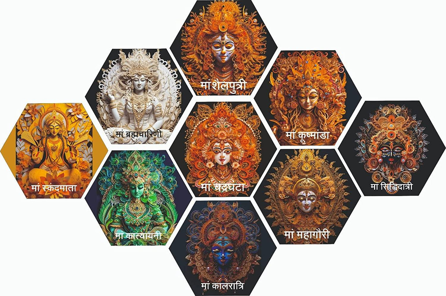 JaipurCrafts Premium Set of 9 Hexagonal Wooden Navdurga Mata Art Prints For Home Decor, Wooden Wall Paintings For Home And Living Room Decorations - Nav Durga/Navratri Mata Wooden Wall paintings