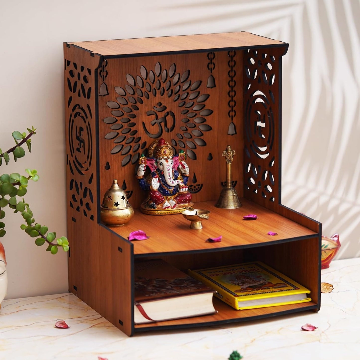 JaipurCrafts Premium OM Wooden Temple Beautiful MDF Wooden Temple/Pooja Mandir for Home and Office/Wall Mounted Temple Home Decor Temple (15.35" Inches) Brown