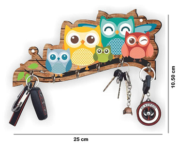 Webelkart Premium 'Owl Family' Decorative Wooden Printed Key Holder for Home Decor Key Hangers Keychain Holder Key Stand & Key Holder for Wall Owl Key Holder (25 cm, 6 Hooks)