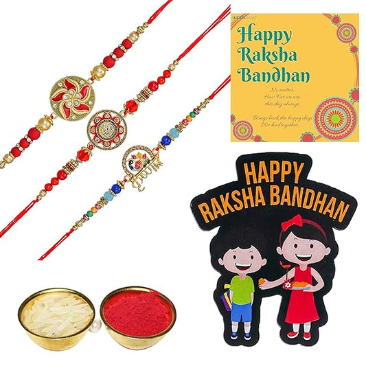 Webelkart Premium Combo Of 3 Rakhi With Happy Raksha Bandhan Magnet For Bhaiya And Bhabhi.Rakhi For Brother And Sister With Greeting Card And Roli Chawal Pack. Rakhi Gift For Couple,Rakhi Set